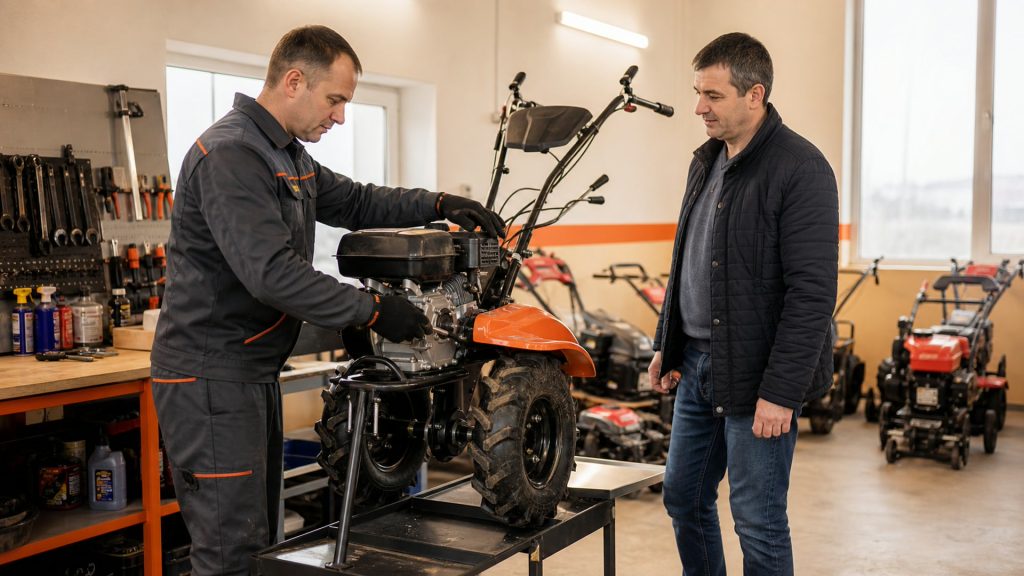 tehnician TehnoUtil verificând un utilaj în service-ul din Bacău