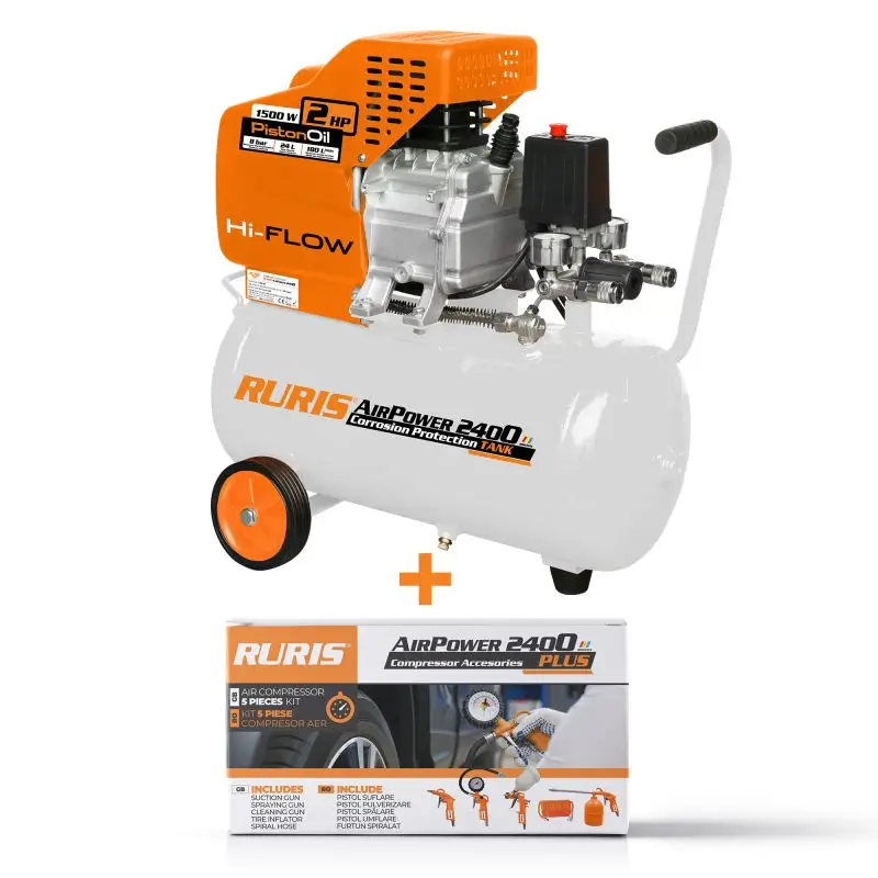 Compresor RURIS AirPower 2400PLUS - 24 l, 180 l/min, 8 bar, kit 5 piese