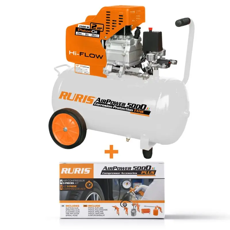 Compresor RURIS AirPower 5000PLUS - 50 l, 180 l/min, 8 bar, kit 5 piese