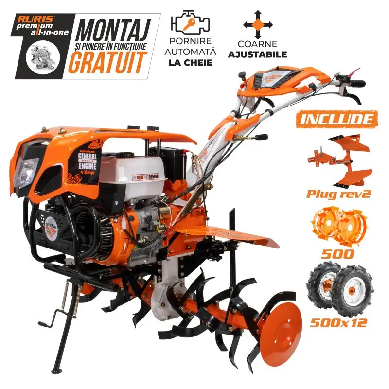 Motosapă RURIS 1300KS - 13 CP, 125 cm, roți 5.00-12 și plug REV2