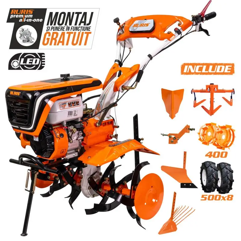 Motosapă RURIS 732ACC - 8,5 CP, lățime 83 cm + roți cauciuc 5.00-8 + rariță